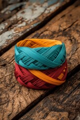 Vibrant Hand-Woven Bracelets on Rustic Wooden Surface - Artisan Crafted Boho Accessories with Blue, Orange, and Red Hues Ethnic Handicrafts for Festive Styling