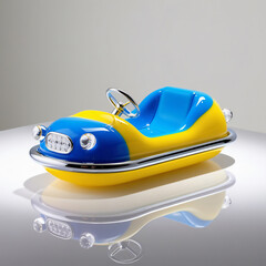 Artistic Glass Sculpture of a Toy Car in Vibrant Yellow with Blue Accents and Glossy Finish, Playful Design on Neutral Background, Generative AI