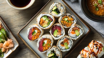 A mouthwatering sushi burrito spread with options like spicy tuna, salmon avocado, and shrimp tempura