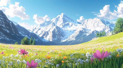 Fototapeta premium Alpine Meadow in Summer Sun: A breathtaking panoramic view of a vibrant alpine meadow bursting with wildflowers, set against the majestic backdrop of snow-capped mountains under a bright, sunny sky.