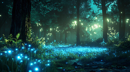 Fototapeta premium A magical forest with bioluminescent plants lighting up the night.