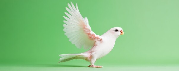 A graceful white bird with pink accents spreads its wings against a soft green background, capturing a moment of delicate beauty in nature.