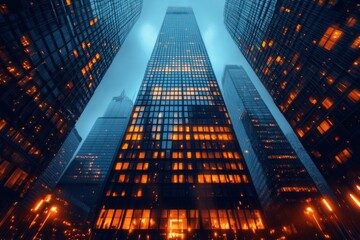 Modern skyscrapers lighting up at night in a big city