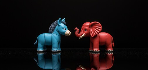 Symmetrical Politics Blue Donkey and Red Elephant Dialogue on Reflective Surface