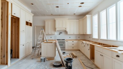 Elegant White Kitchen Cabinetry Under Construction in Light-Filled Space Realistic Home Renovation Scene