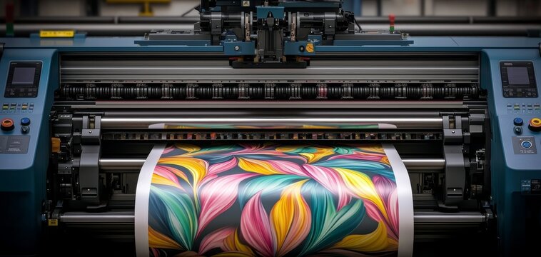 Vibrant Printing Machine in Industrial Setting - High-Tech Precision and Efficiency with Vibrant Colors and Metallic Tones for Graphic Design and Manufacturing Concepts