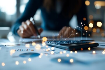 A businesswoman focuses on financial calculations with a futuristic data interface overlayed on her workspace, symbolizing progress and technology in business.