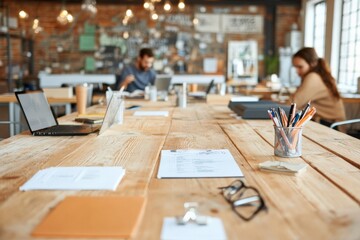 Casual and creative workspace setting with various papers on a wooden table. People are seen in background, working and brainstorming innovative ideas.