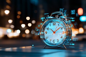 A close-up of a classic alarm clock enhanced with a digital interface background, symbolizing the passage of time amidst a blurred cityscape at night.