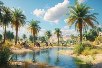 Caravan crossing oasis with palm trees in desert