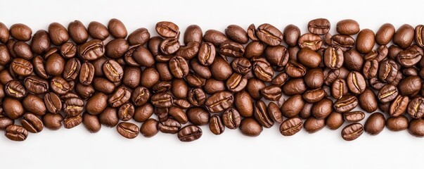 Obraz premium A close-up view of scattered coffee beans arranged in a horizontal line, showcasing their rich brown hues and exquisite texture.