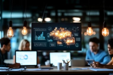 A team works together, analyzing data on a screen, in a collaborative office setting showing teamwork and innovation with light bulbs adding a creative touch.