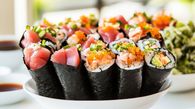 A mouthwatering sushi cone platter featuring hand rolls filled with tuna, salmon, and crab