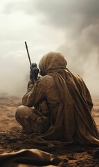 Camouflaged sniper crouched in desert.