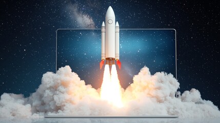 Futuristic Rocket Launch from Laptop Screen in Starry Night - Innovation and Progress Concept