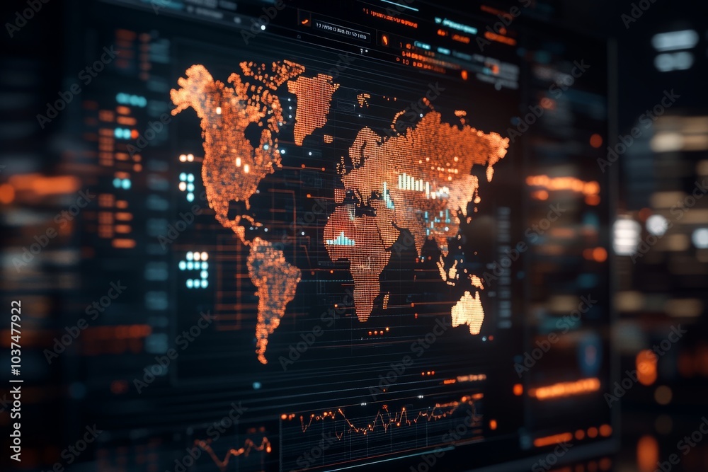 Poster a high-tech digital display of a glowing world map with data charts and analytics graphics, showcasi