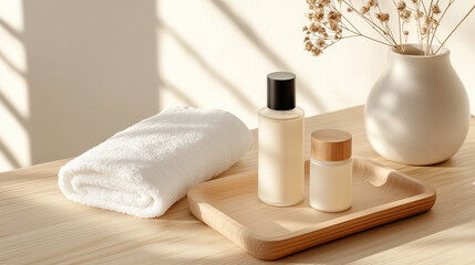 Serene Spa Table with Perfume and Lotion in Natural Light