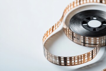 A close-up of a film reel with a length of film gracefully coiled around it, highlighting vintage cinema technology.