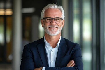 Fototapeta premium A smiling older businessman with grey hair and glasses stands confidently with arms crossed in a modern office, embodying experience and professionalism.