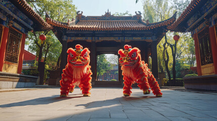 Naklejka premium Vibrant lion dance costumes in traditional setting, showcasing cultural heritage and celebration. scene is lively and colorful, perfect for festive occasions