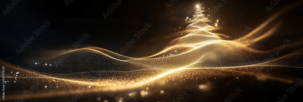 Poster an abstract depiction of a christmas tree is created with shimmering lights and golden waves, captur