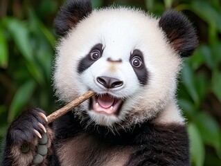 Fototapeta premium Playful Giant Panda Close-up in Lush Forest - Expressive Wildlife Portrait for Conservation Campaigns and Animal Lovers