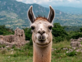 Obraz premium Curious White Llama Close-Up in Tranquil Mountain Setting - Engaging Wildlife Portrait with Soft Natural Lighting and Blurred Landscape Background