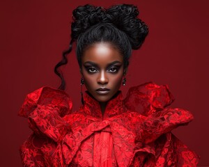 Elegant Black Woman in Red Gown Confident Fashion Portrait on Deep Red Background, Studio Shot with Dramatic Lighting for Beauty Editorial and Luxury Brand, Celebrating Cultural Diversity