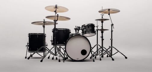 Dynamic Macro View of Sleek Black Drum Set on Minimalist White Background - Professional Music Studio Elegance