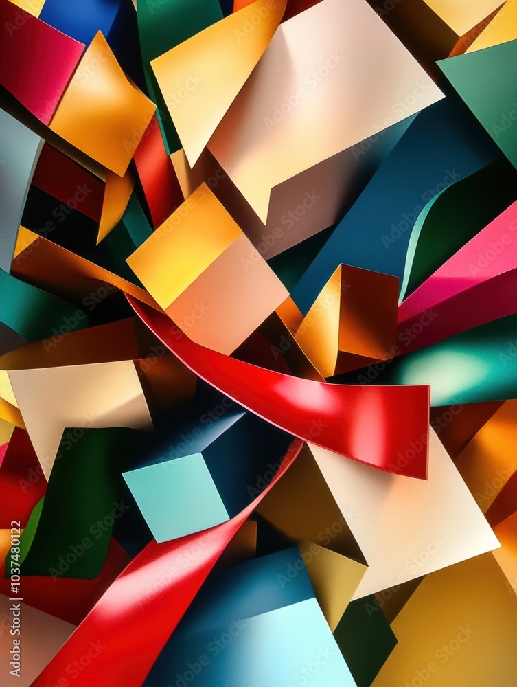 Poster brightly colored abstract shapes suggestive of gift boxes, ribbons, and bows are intricately arrange