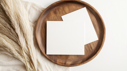 Blank Postcard on Wooden Plate with Pampas Grass and Boho Elements
