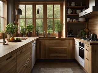 a photorealistic scene of a cozy kitchen designed in an eco-style, showcasing energy-efficient appliances, bamboo cabinetry, and a herb garden on the windowsill. Highlight the use of natural light 