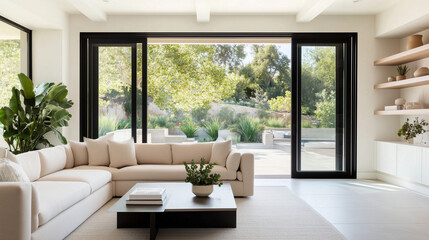 Fototapeta premium Contemporary Living Room with Folding Door and Outdoor Patio
