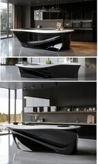 Black, futuristic kitchen island with unique design.
