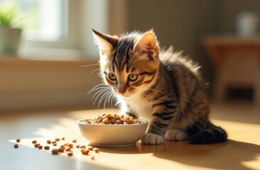Hungry grey british cat sitting next to bowl of food at home kitchen and looking at camera.