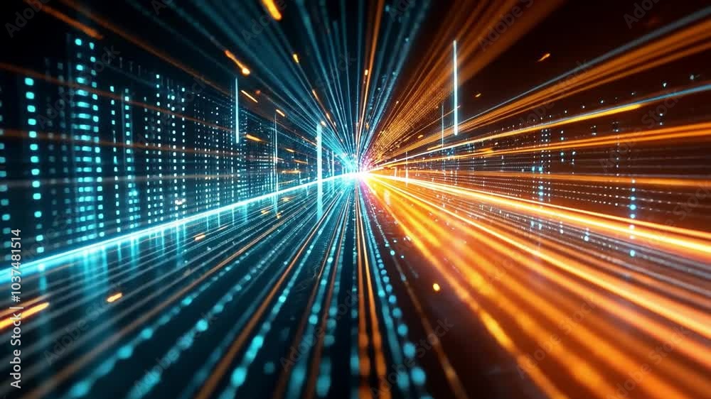 Poster colorful light streaks in blue and orange illustrate a vibrant digital landscape, representing data 
