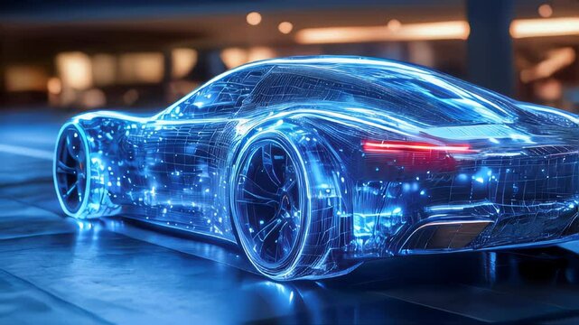 A transparent wireframe design of a futuristic electric car, illuminated with glowing orange details