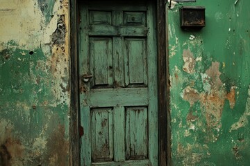 古い緑色の扉と剥がれた壁が見える静かな場所の情景