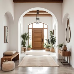 Mediterranean interior design of modern home entryway with arched walls
