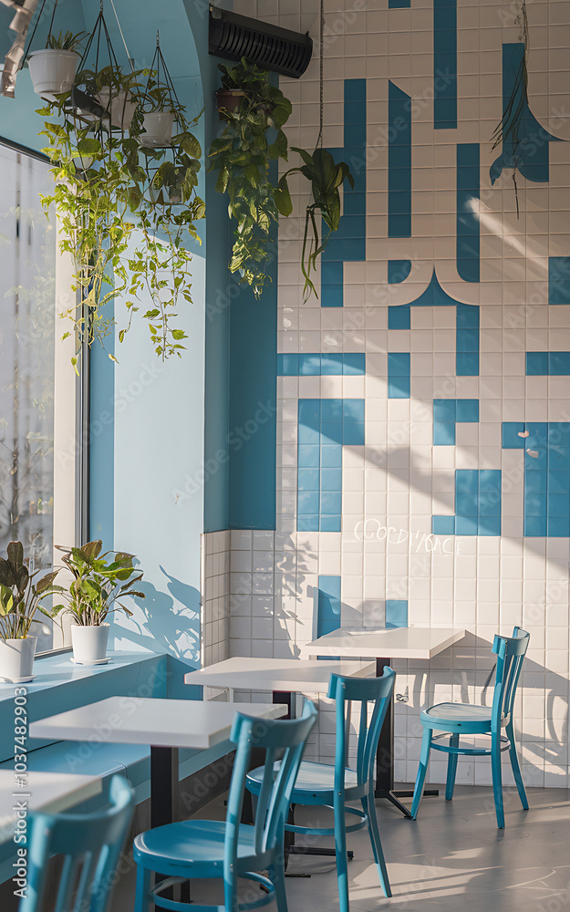 Canvas Prints Blue and white cafe interior with plants  tables  and chairs  perfect for a modern and airy cafe concept   