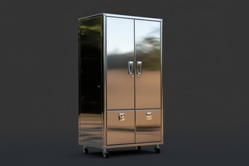 a tall metal cabinet with a mirror on top