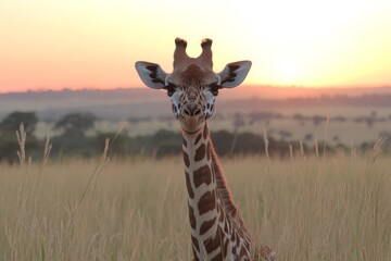 サバンナでの夕暮れ時に見つめるキリンの姿