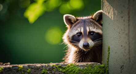 Fototapeta premium A curious raccoon peeking around a corner against a bright green background is captured in a playful and engaging manner that evokes a sense of wonder and innocence