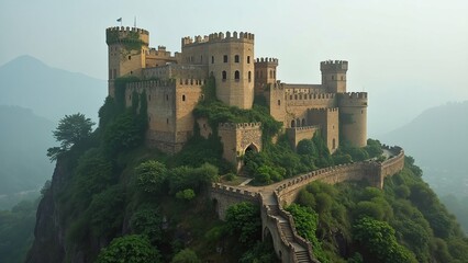 Medieval Castle on Hill Surrounded by Fog and Mountains - Scenic Landscape Photography