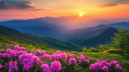 Fototapeta premium Mountaintop Bloom: Serene sunset paints a vibrant canvas over rolling hills, as a field of blooming rhododendrons basks in the golden hour. A breathtaking vista of nature's beauty. 