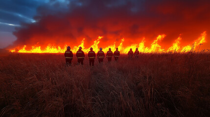 Raging forest spring fires. Burning dry grass, reed along lake. Grass is burning in meadow. Ecological catastrophy. Fire and smoke destroy all life. Firefighters extinguish Big fire. Lot of smoke