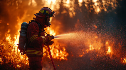 Naklejka premium Firefighters are spraying fire water with high pressure nozzle.