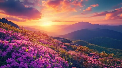 Obraz premium Sunrise in the Rhododendron Hills 