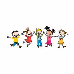 Fototapeta premium cute cartoon children's drawing of many happy kids holding hands and jumping