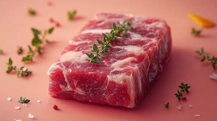 Fototapeta premium Fresh cut of meat garnished with thyme and sea salt on a light pink background ready for culinary preparation, beef,